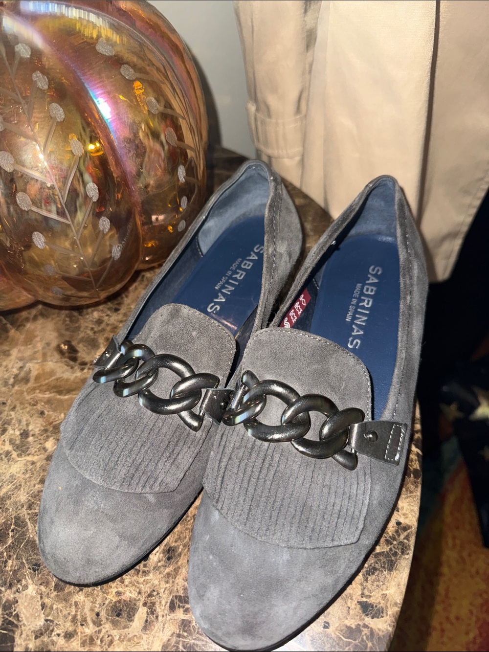 Sabrinas Gray Suede Chain-Trim Loafers